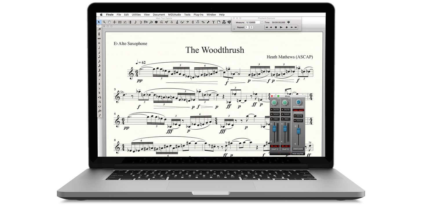 Finale music notation software shown on a laptop