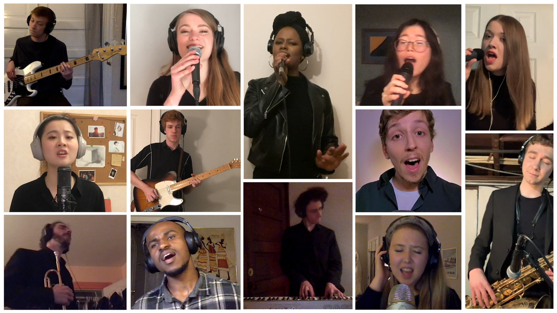 A composite image of the NEC Gospel Ensemble singing from their homes to make a socially distanced multi-track recording.