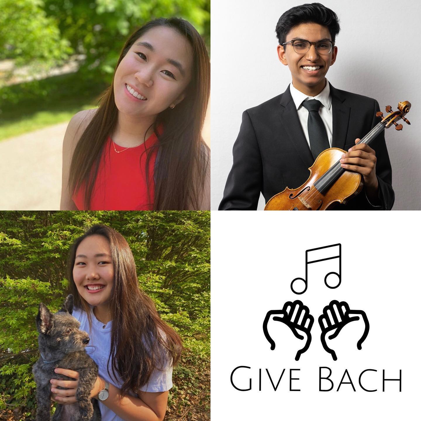 Three smiling NEC Prep students with the Give Bach logo