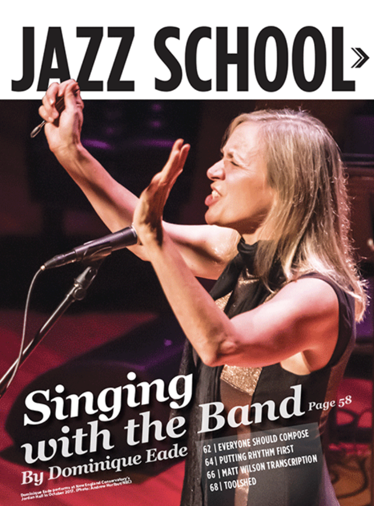 Dominique Eade closes her eyes and sings; magazine spread with photo also has the words "Jazz School" and "Singing with the Band, by Dominique Eade"