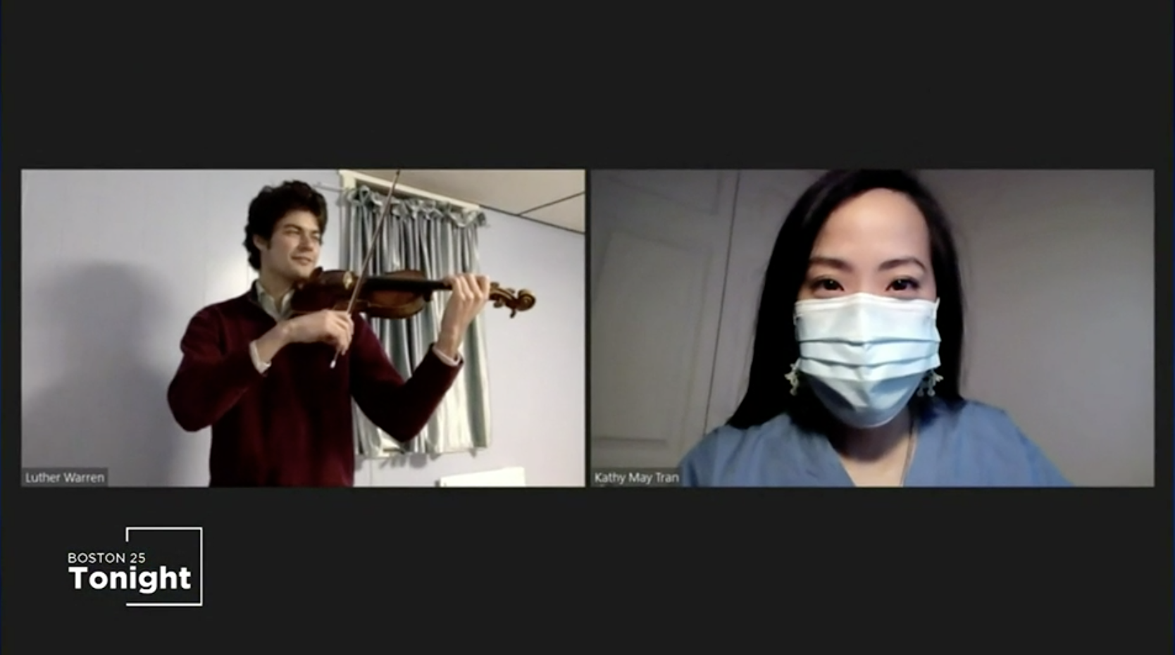 Luther Warren performs violin via Zoom, while Dr. Kathy May Tran watches while wearing a medical mask.