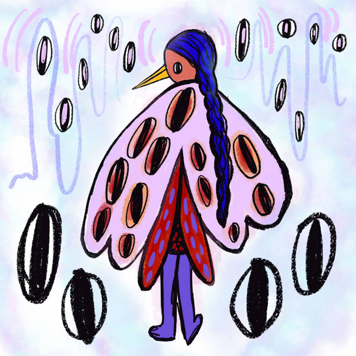 A drawing of a bird girl with pink wings, purple braided hard, a yellow beak, and purple boots.