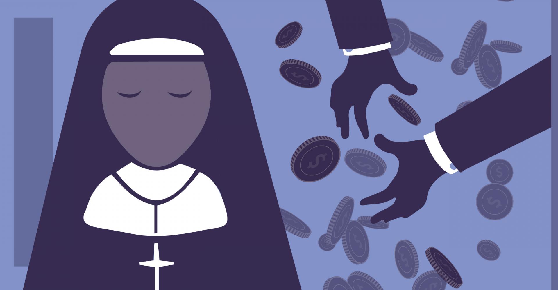 Nun and hands throwing coins