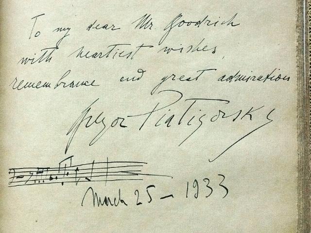 Gregor Piatigorsky note in N E C Visitor Book