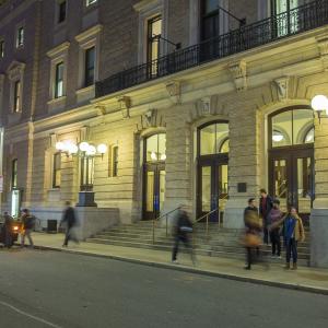 The entrance to NEC's Jordan Hall in the evening