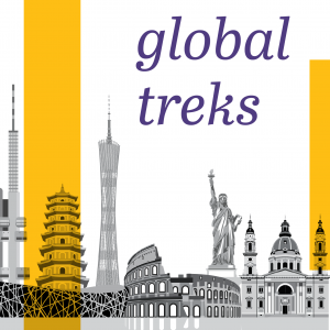 A skyline with famous buildings from around the world, with the words "global treks"